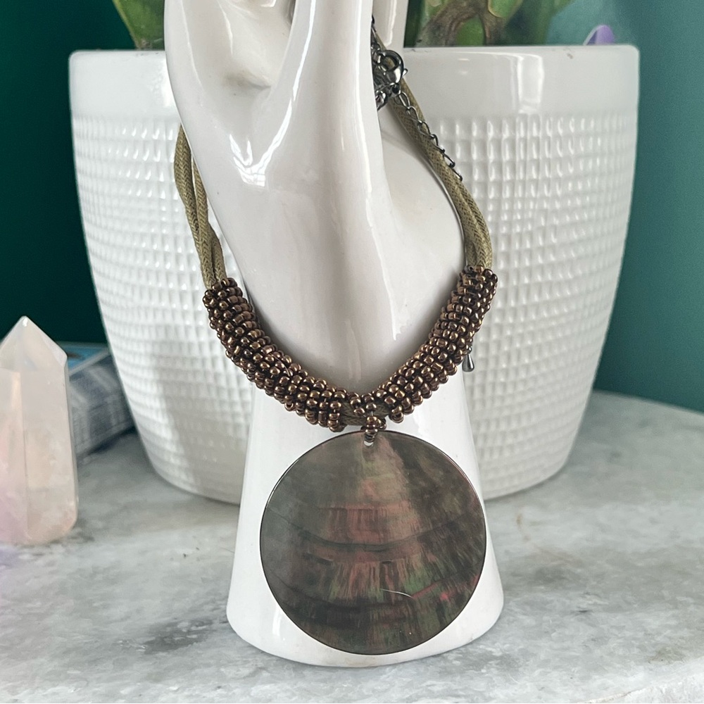 Abalone Beaded Cord Medallion Necklace